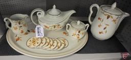 Jewel Tea teapot, cream/sugar, coffee pot; metal tray and coasters