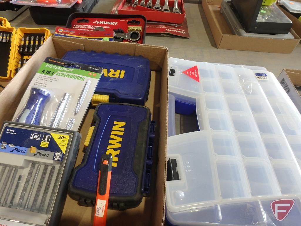 Irwin wood bits, drill bits, bosch sabre saw blades, screwdriver set, and plastic organizer
