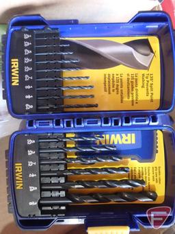 Irwin wood bits, drill bits, bosch sabre saw blades, screwdriver set, and plastic organizer