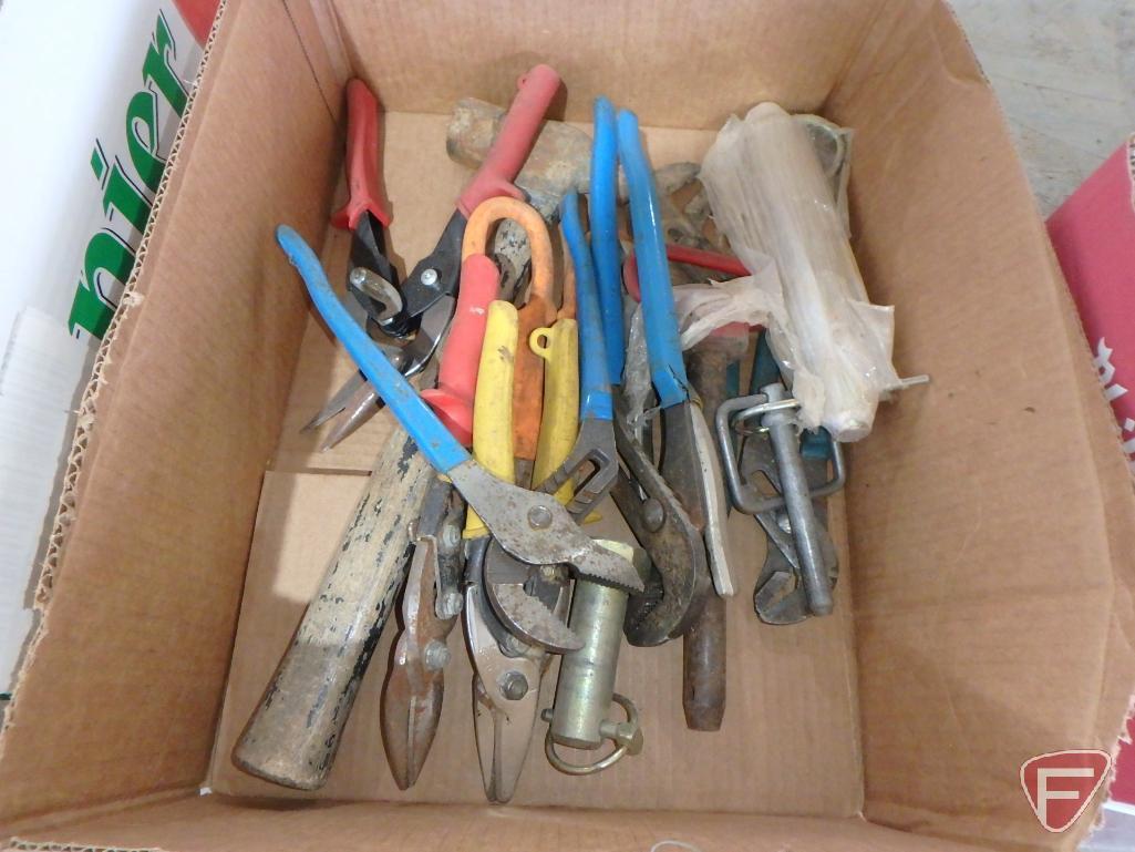 Channel lock pliers, tin snips, hammer, hitch pins and more