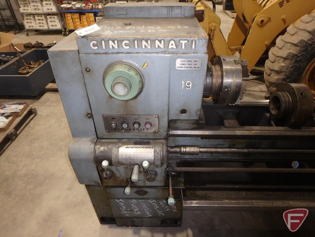 8' Cincinnati 19 Hydrashift metal turning lathe machine with (2) 3-jaw chucks with 2-1/2" ID