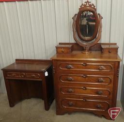 Vintage dresser with positional mirror 39"W x 19"D x 69"H, matching vanity/desk 30"W. 2 pcs