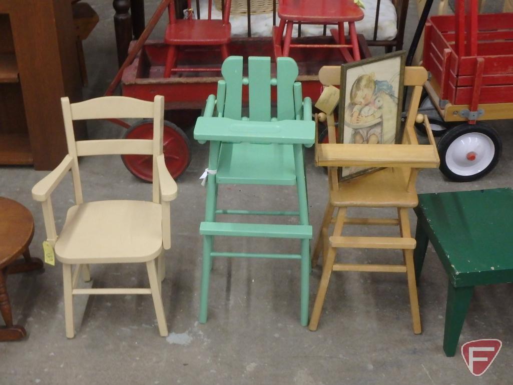 Children's furniture: chairs, rocking chair, highchairs, cabinet; framed prints. 14 pcs