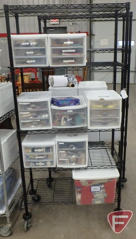 5-shelf metal cart on wheels 36"W with plastic organizers with craft/sewing supplies. Cart &
