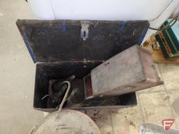(3) oil cans, shovel, sythe, spade, oilers, metal box