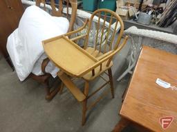 Table 36"W, highchair, rocking chair, comforter. 4 pcs