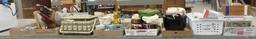 Sewing basket, pottery pieces, kitchen items, poker chips. 8 boxes