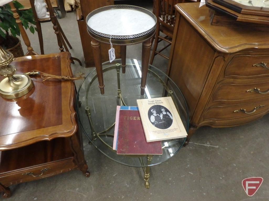 (3) end tables, 2 matching; (3) table lamps, 2 matching; glass top table, marble-top stand;