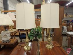(3) end tables, 2 matching; (3) table lamps, 2 matching; glass top table, marble-top stand;