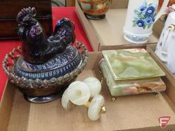 Lefton china, Germany cream/sugar, colored glass, marble cannon & trinket box, covered