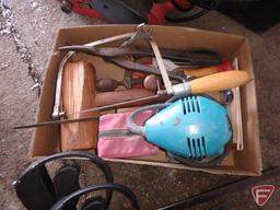 Tool Shop belt sander, palm sander, Tool Shop clamps, hand saws, chisel, box cutter blades