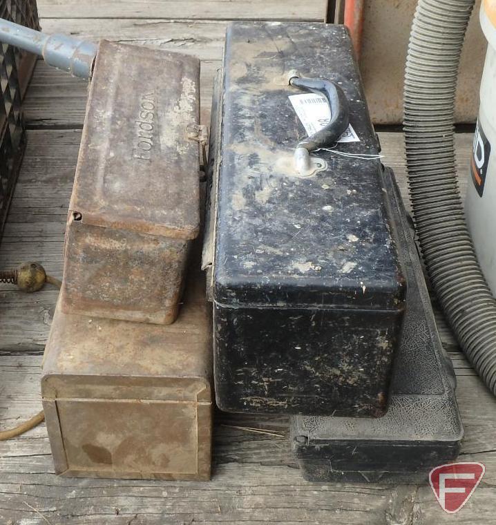 (4) metal and plastic tractor tool boxes, one marked "Fordson" on cover