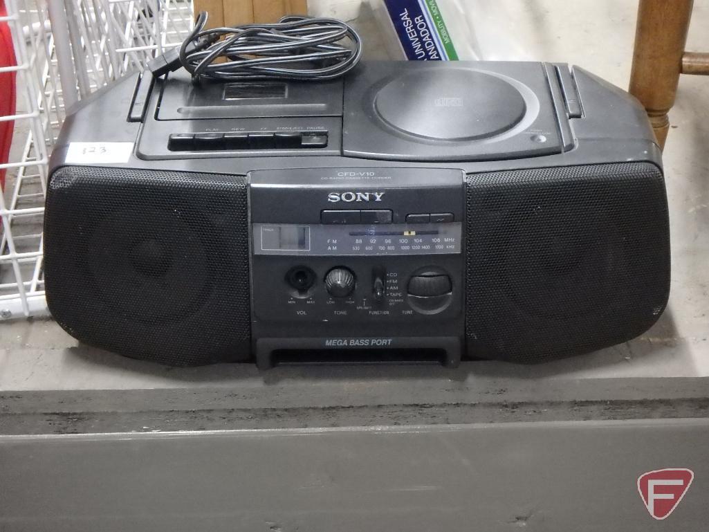 Sony radio, clothes rack, metal drawers, air beds with blower