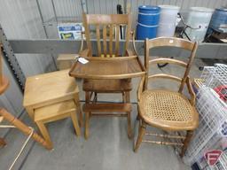 High chair, stacking tables, and side chair