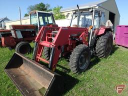 Massey Ferguson 383 diesel tractor, 1319 hrs showing, 595 Allied mid-mount quick tach loader