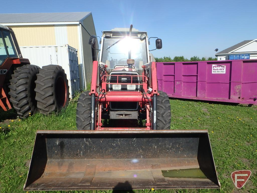 Massey Ferguson 383 diesel tractor, 1319 hrs showing, 595 Allied mid-mount quick tach loader