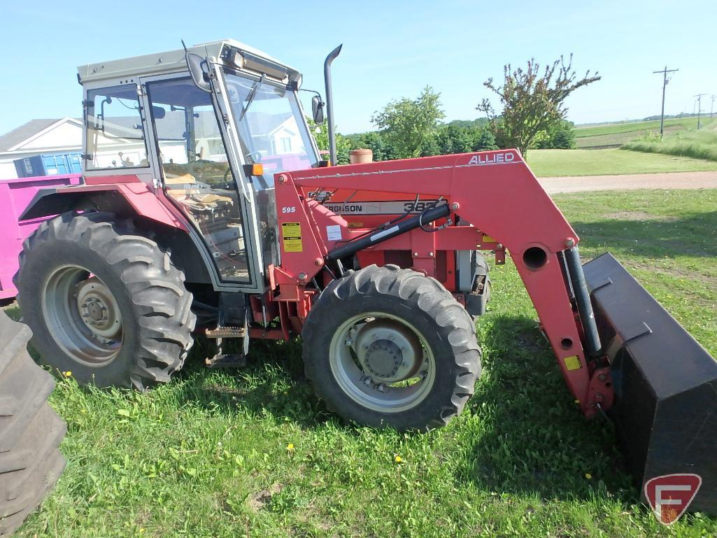 Massey Ferguson 383 diesel tractor, 1319 hrs showing, 595 Allied mid-mount quick tach loader