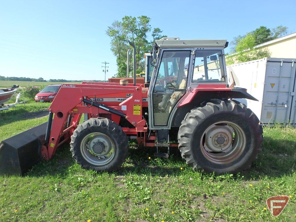 Massey Ferguson 383 diesel tractor, 1319 hrs showing, 595 Allied mid-mount quick tach loader