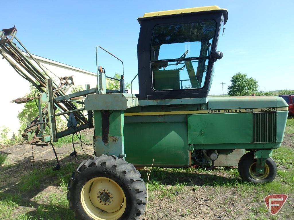 John Deere 6000 diesel self propelled field sprayer with cab, 1331 hrs showing, sn 002410