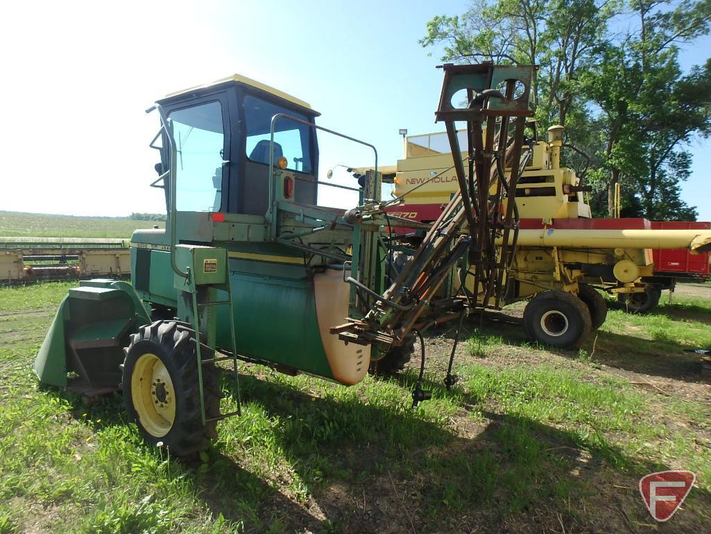 John Deere 6000 diesel self propelled field sprayer with cab, 1331 hrs showing, sn 002410