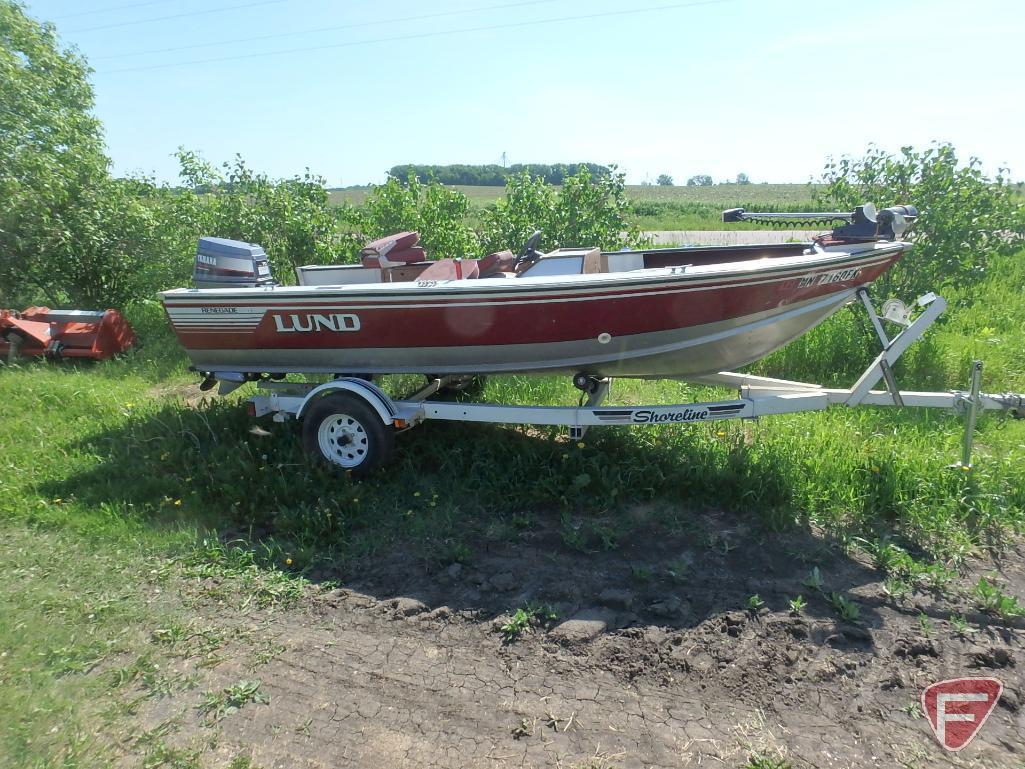 1987 Lund Renegade 16' boat with Yamaha 70 motor on Shoreline boat trailer