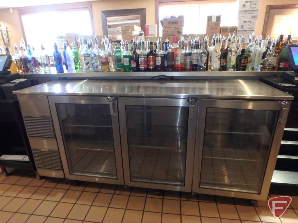 Glastender 84" stainless steel 3-glass-door back bar cooler on casters, model BB84-L1-XSH(LLL)