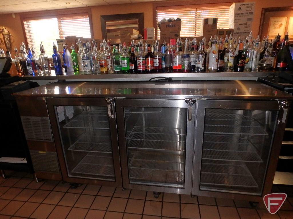 Glastender 84" stainless steel 3-glass-door back bar cooler on casters, model BB84-L1-XSH(LLL)