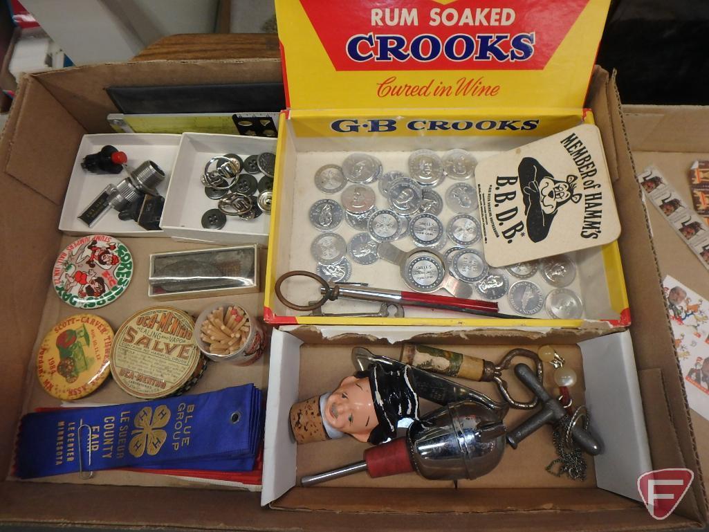 Avon pheasant decanter, tokens, button, stamps, ribbons, The Mint collectors guide.