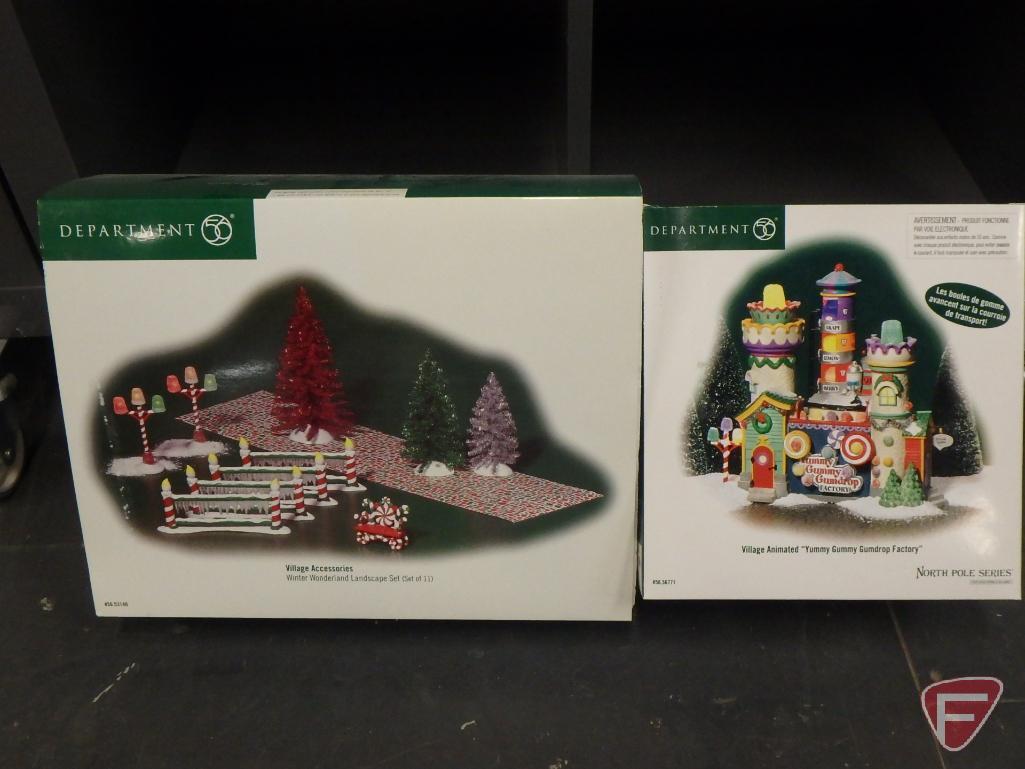 Dept 56 Village: Winter Wonderland Landscape Sets, Yummy Gummy Gumdrop Factory, lighted trees,