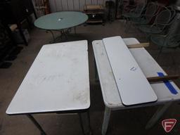 Enamel top tables. 40"w, 3 folding chairs