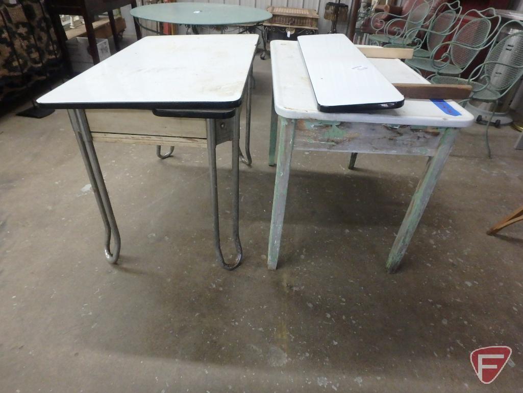 Enamel top tables. 40"w, 3 folding chairs