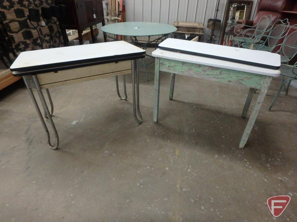 Enamel top tables. 40"w, 3 folding chairs