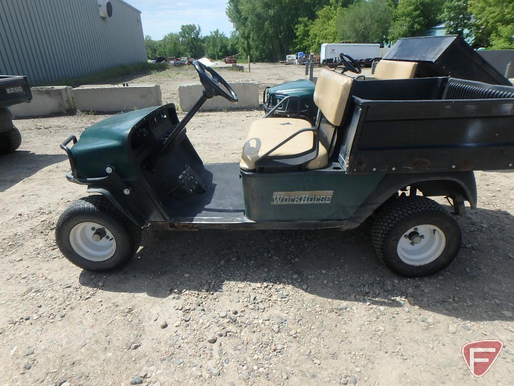 2000 EZ-GO Workhorse ST350 gas utility vehicle with electric dump, green, brush guard, lights