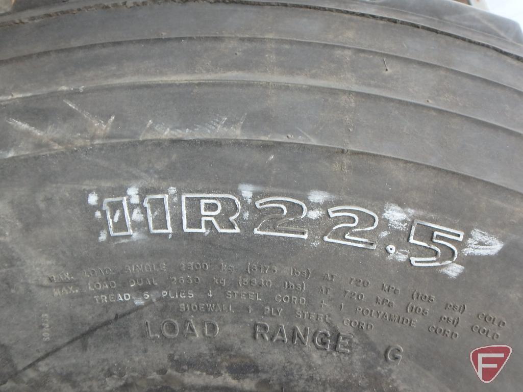 (2) Goodyear tires 11 r 22.5, one mounted on a rim