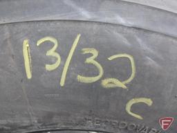 (2) Goodyear tires 11 r 22.5, one mounted on a rim