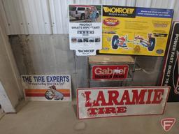 Signs (6); Laramie Tire, Monroe, Interstate Batteries; metal cart