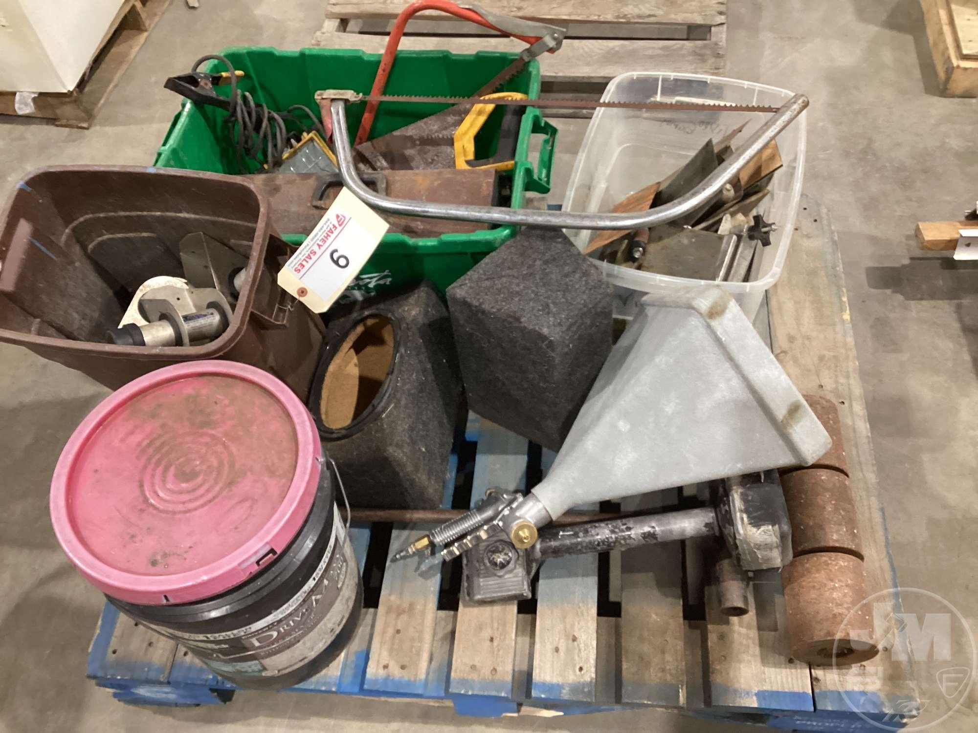 TROWELS, SAWS, WORK LIGHT, ASSORTMENT OF HAND TOOLS, MISC HARDWARE,