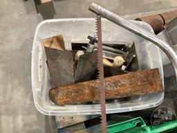 TROWELS, SAWS, WORK LIGHT, ASSORTMENT OF HAND TOOLS, MISC HARDWARE,