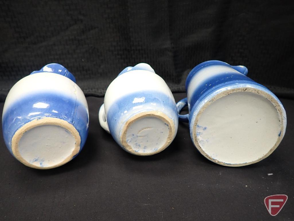 Blue/pink rose pottery pitchers, tallest is 9". 3pcs