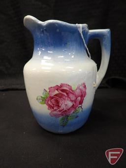 Blue/pink rose pottery pitchers, tallest is 9". 3pcs