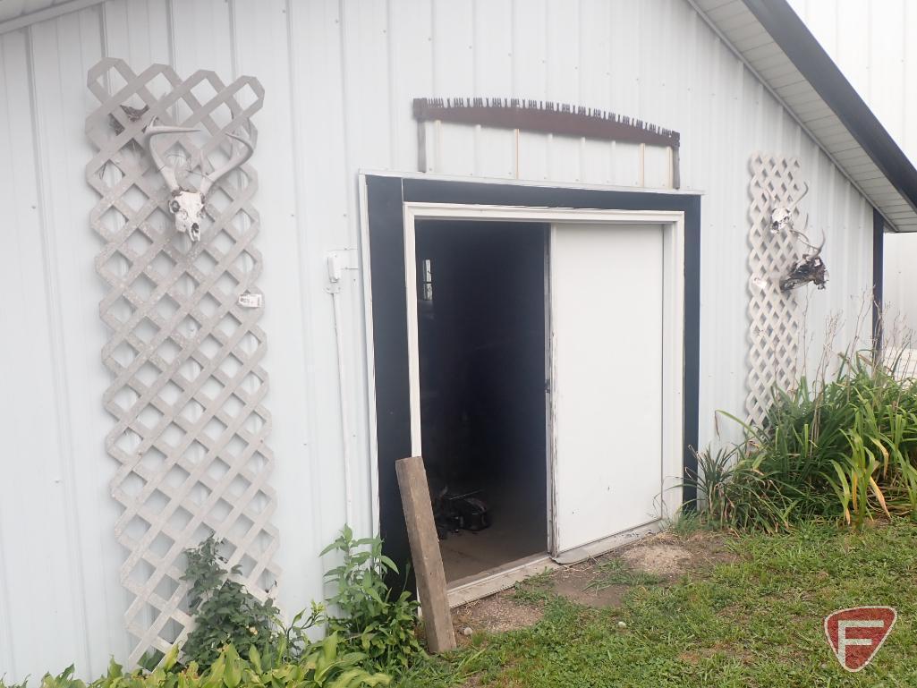 Trellises (2), deer skulls, 2 man saw, wood posts, sheet of steel siding