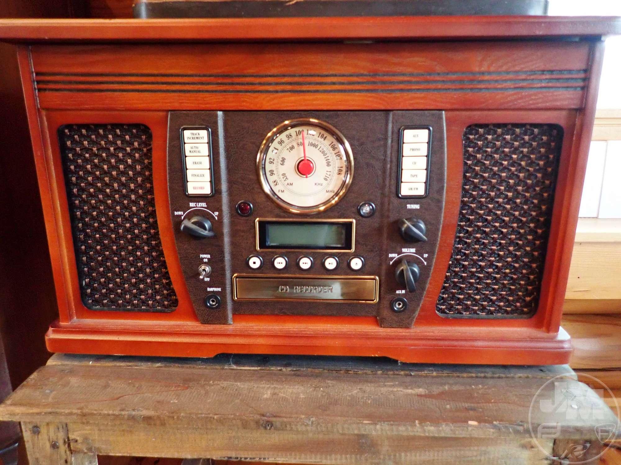 VINTAGE PHILCO POLICE BROADCAST RADIO, INTERTEK STEREO SYSTEM, STENCILED TOP