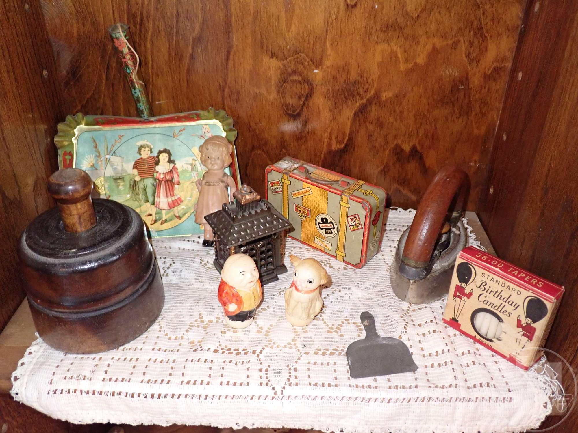 VINTAGE KNICK-KNACKS AND TOYS. ALL IN CABINET.