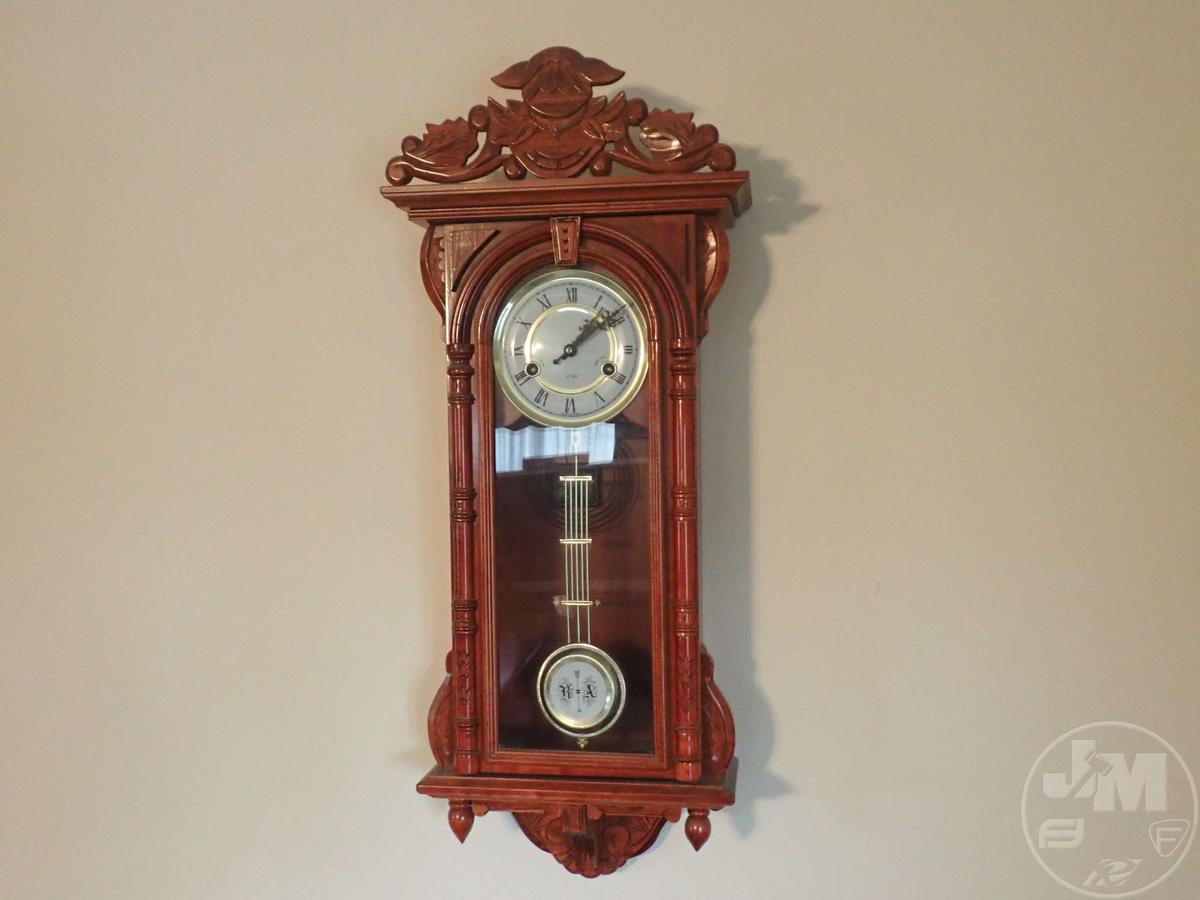 (2) PENDULUM WALL CLOCKS, WALL CURIO CABINET