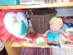 (3) SHELVES OF CHRISTMAS DECOR, MUGS, DOLL