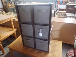 Cube cabinet with 6 cubby drawers 36"h, has finish damage from tape; coffee table 48"w x24"d x 15"h