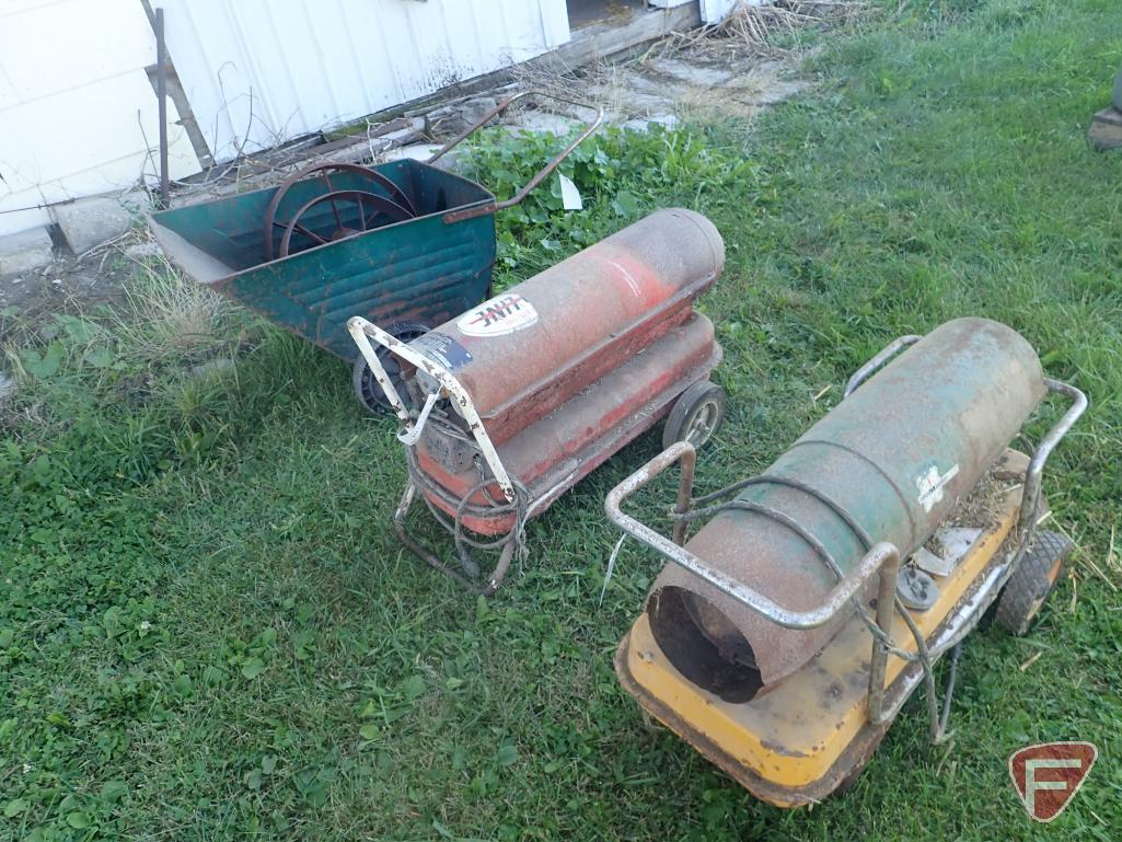 (2) KEROSENE SPACE HEATERS, 2 WHEEL CART, (2) VINTAGE STEEL WHEELS