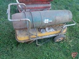 (2) KEROSENE SPACE HEATERS, 2 WHEEL CART, (2) VINTAGE STEEL WHEELS