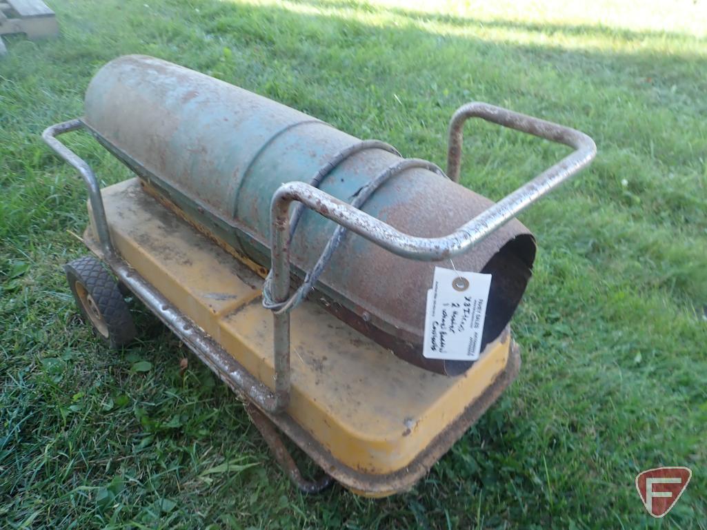 (2) KEROSENE SPACE HEATERS, 2 WHEEL CART, (2) VINTAGE STEEL WHEELS