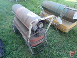 (2) KEROSENE SPACE HEATERS, 2 WHEEL CART, (2) VINTAGE STEEL WHEELS